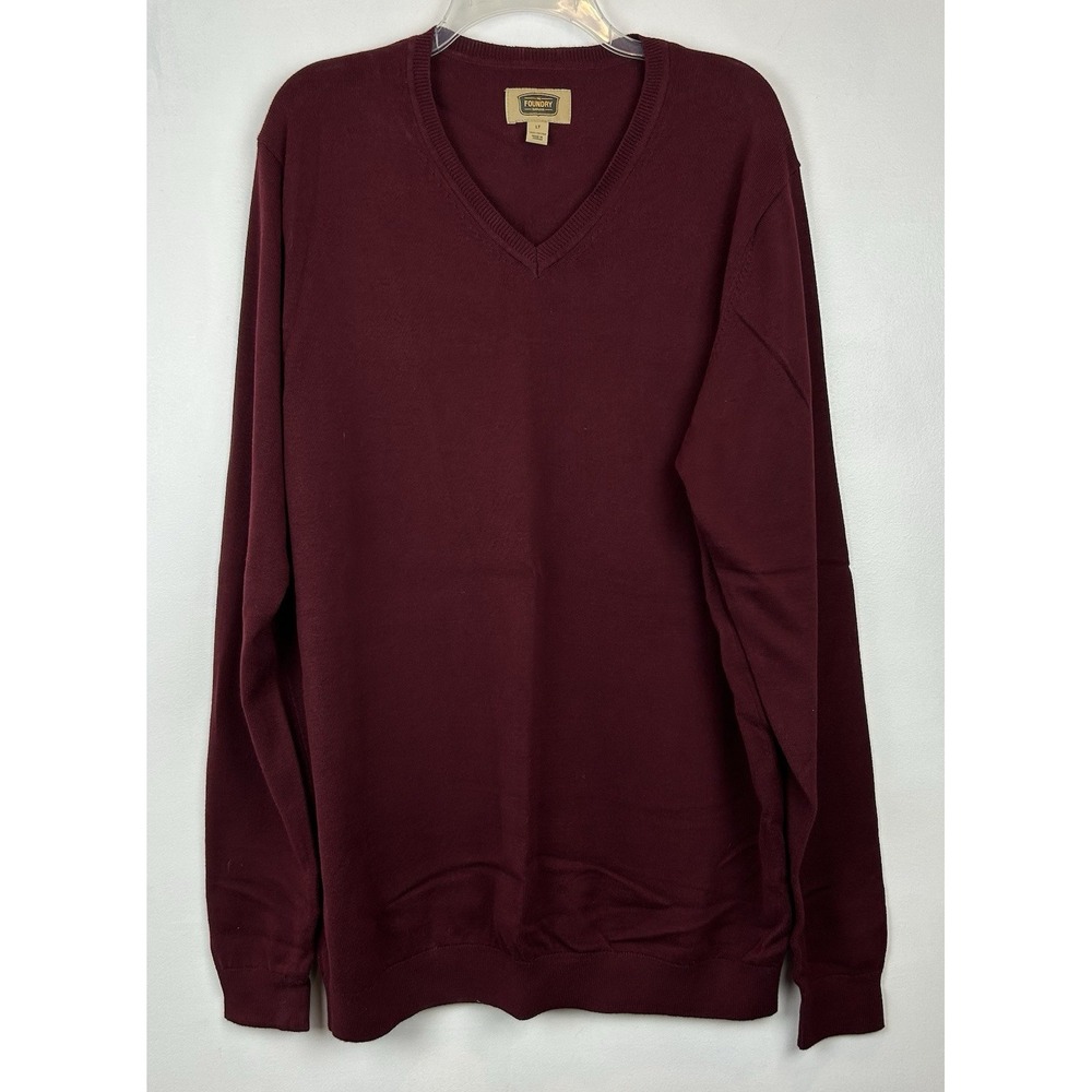 Foundry Sweater Mens Large Tall Burgundy Cotton Knit V Neck Pullover Preppy